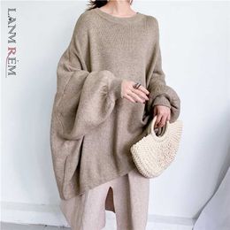 LANMREM Autumn Fashion Solid Color Round Neck Pullover Bat Sleeve Long Knit Sweater Women PB615 211011