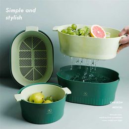 Kitchen Drain Box Basket Bowl Rice Washing Vegetable Fruit Sieve Colander Plastic Double Layer Drainer Sink Strainer 211109