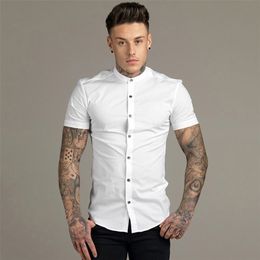 Summer Men Fashion Short Sleeve Solid Shirt Slim Fit Male Social Business Dress Brand Mens Gym Fitness Sports Clothing 210721