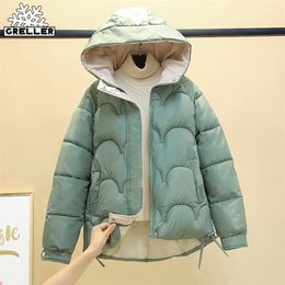 GRELLER Short Winter Jacket Women Parkas Coat Hooded Solid Autumn Warm Puffer Clothing 211221