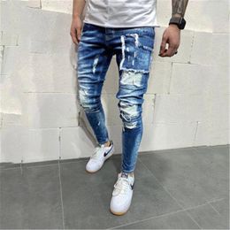 Mens Hole Patch Skinny Jeans Fashion Trend Zipper Button High Street Denim Pencil Pant Spring Male New Skateboard Casual Slim Denim Trousers