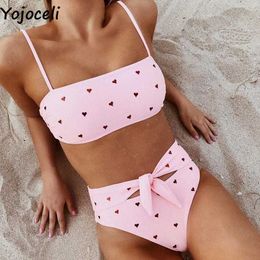 Yojoceli Elegant heart print bow swimming suit for women Summer beach cool swimwear girl Sexy strap 2 pieces tankini 210609