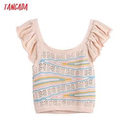 Tangada Korea Chic Women Striped Pattern Summer Sweater Ruffles Short Sleeve Ladies Crop Knitted Jumper Tops BE709 210609