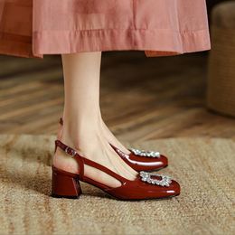 Red Women heel shoes summer leather thick high heels patent leather rhinestone one-word buckle side empty sandals