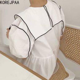 Korejpaa Women Dress Summer Korean Chic French Round Neck Stitching Border Contrast Colour Design Loose Puff Sleeve Vestidos 210526