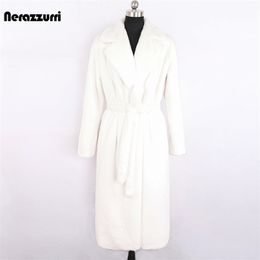 Nerazzurri Winter Long White Black Warm Fluffy Faux Fur Coat Women Long Sleeve Belt Lapel Stylish Korean Fashion without Buttons 211019