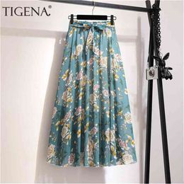 TIGENA Floral Print Chiffon Long Skirt Women Fashion Summer Belt A Line High Waist Pleated Female Aesthetic 210629