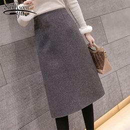 Casual Fall Winter Warm Wool Skirt High Waist Elegant Pencil Midi Skirt Slim Knee Length Split Work Skirt Plus Size 7816 50 210311