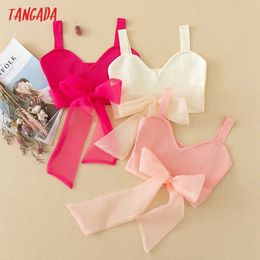 Tangada Women Mesh Patchwork Bow Tie Tank Top Sleeveless Backless Female Sexy Knit Tops AB22 210609