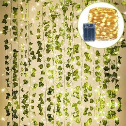 12 Pack Green Artificial Ivy Garland Plants Vine Hanging with led String Light for Home Kitchen Garden Office Wedding Wall Decor 210624