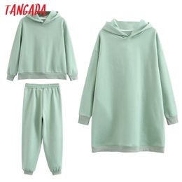 Tangada Winter Family Set Kids Costume Oversized Top Pocekt Women 100% Cotton Fleece Hoodies Sweatshirt Dress 6L50 210709