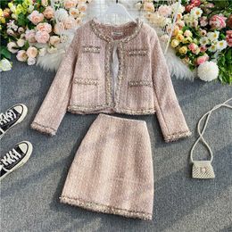 Autumn Winter Sets Fashion Temperament O Neck Pearl Tweed Woollen Coat Long Sleeve Wrap Hip Mini Skirts OL Korean Fashion Beading 210610