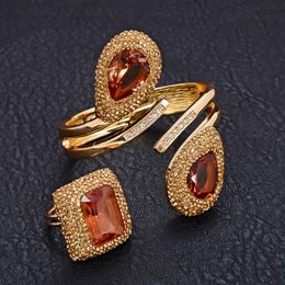 -Guaiiguai jóias ouro cor pulseira conjunto marrom grande descoloração rosa verde rosa anel pulseira para mulheres gemas reais pedra senhora moda jóias