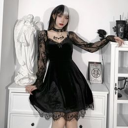E-girl Grunge Gothic Black Mini Dress Lace Trim High Waist Bodycon Dress Y2K Women 90s Vintage Punk Harajuku Lolita Clothes