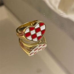 Korean Love Gold Colour Ring INS Style Red Plaid Pattern Ring For Women Elegant Jewellery Accessories