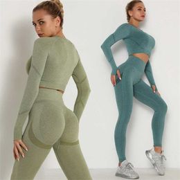 Women Sport Suit Yoga Clothing Set Workout Gym Long Sleeve Fitness Crop Top + High Waist Seamless Energy Leggins 220106