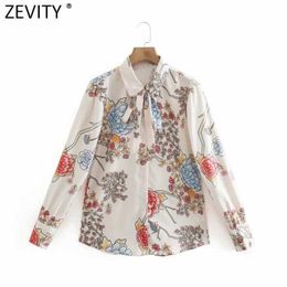 Zevity Women Sweet Floral Print Bow Decoration Smock Blouse Office Ladies Puff Sleeve Kimono Shirts Chic Blusas Tops LS7685 210603