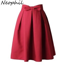 Neophi Causual Bow Pleated Women Skater Skirts Knee Length Summer High Waist Ladies Solid Black Ball Gown Saia S-XXL S8423 210621