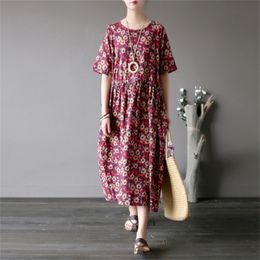 Literary and artistic retro cotton and hemp small broken flower dress with waistband loose sleeve long 210309