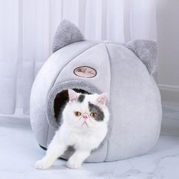 Cat Beds & Furniture Warm House For Dog Pet Litter Semi-Closed Kennel Winter Nest Soft Plus Velvet Deep Sleep Mat Pad Tent Bed