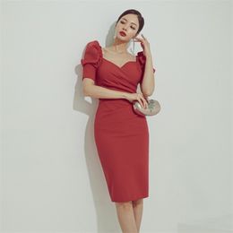 Sexy Bodycon Dress korean ladies Red ruffle short SLeeve nightclub Midi Party Dresses for women clothing 210602