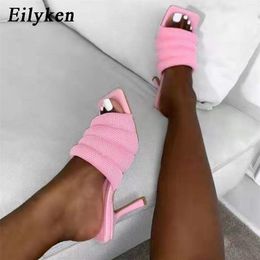 Eilyken New Design Pink Mesh Cozy Soft Summer Women Mules Slippers Sexy Square Toe Slides Female High Heels Dress Shoes 210310