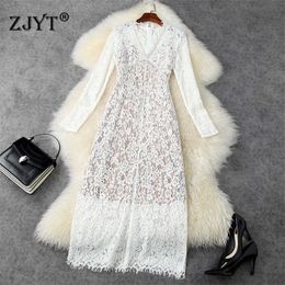 Luxury Diamonds V Neck Long Lace Dress Runway Fashion Spring Woman Clothes Full Sleeve Straight Celebrity Party Robe Femme Black 210601