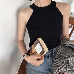 Off Shoulder Women Spring Summer Style Knitted Blouses Shirts Lady Casual Halter Collar Sleeveless Blusas Tops DF2971 210609