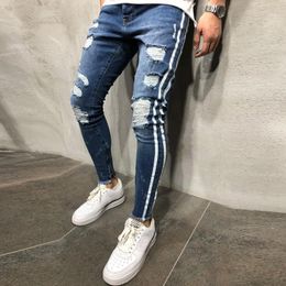 Men's Jeans OLOME S 2021 Ripped Side Striped Fashion Blue Streetwear Mens Skinny Stretch Pants Casual Denim Hombre