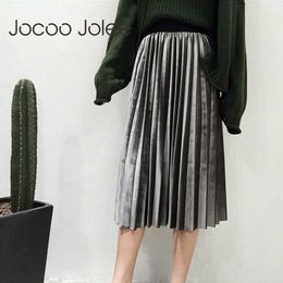 Jocoo Jolee Autumn Women Casual Long Metallic Silver Maxi Pleated Skirt Midi Skirt Elastic High Waist Suede Party Skirt 210619