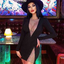 Women Sexy Long Sleeve Crystal Diamonds Sparkly Black Bandage Dress Ladies Club Celebrity Bodycon Party Vestido 210527