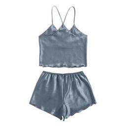 Women's Pajama Mujer Satin Silk Lingerie Sexy Sleepwear Lace V-neck Camis Top Shorts Pajamas Female Home Clothes Q0706