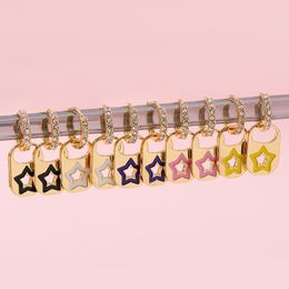 Trendy Colorful Enamel Hollow Star Geometric Pendant Earrings for Women CZ Zircon Gold Small Huggie Hoops Earring Female Jewelry