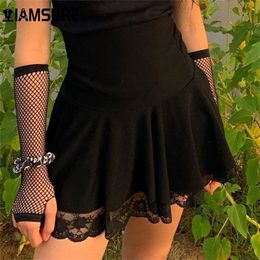 IAMSURE Basic Versatile Stretchy High-waisted Lace Stitching Short Skirt Casual Vintage Harajuku Women Y2k Black Mini Skirt 210310