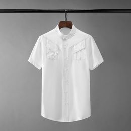 New White Cotton Mens Shirts Luxury Short Sleeve Two Pockets Stand Collar Mens Dress Shirts Fashion Slim Fit Male Shrits 4xl