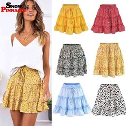 women skirts floral printed A-line mini Cotton Ruffles pleated girls beach holidays casual S-XXL 210708