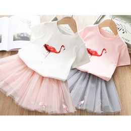 Girls Clothing Sets Summer Cartoon Flamingo Pure Cotton T-Shirt + Mesh Lace Skirt 2 Pcs Suit For Girl Children Kids Clothing X0902