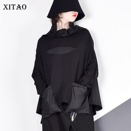 XITAO Harajuku Patchwork Pocket T Shirt Women Stand Collar Plus Size Casual Black Streetwear Female Stitch Korean Summer LYH2877 210306