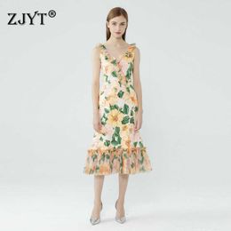 Summer Style Runway Fashion Floral Print Chiffon Dress Women Elegant Ruffle Sleeveless Robe Femme Midi Party Vestidos 210601
