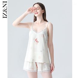 Women's Sleepwear IIZZINI Original In The Summer Of 2021 Harness Pyjamas Women Thin Ice Huai Silk White Pear Flower Shorts