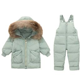 2020 Real Fur Collar Kids Winter Down Jacket Baby Girls Warm Overalls Children Winter Down Clothing Sets Toddler Boys Down Coat H0909