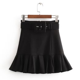 Yeni Varış Kadın Moda Siyah Kravat Kemer Bel Etek Zarif Bayanlar Pileli Mini Etekler Rahat Jupe Femme 210309