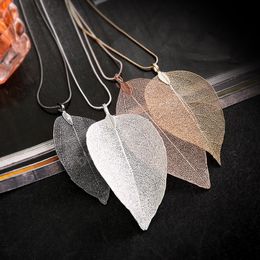 Women Real Leaf Gold-Plated Long Necklace Simple Leaf Sweater Chain Girls Personality Necklaces Jewelry