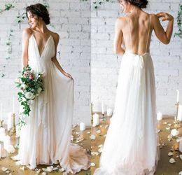 Sexy Backless Wedding Dresses Bohemian Chiffon Sweep Train with Spaghetti Straps Beach Wedding Bridal Gown Custom Made vestido de novia