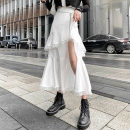 Midi Skirt Women Chic Irregular Harajuku Skirt Casual Cool Split Lace Ruffles Skirts Summer Autumn Women's Clothing New 210309