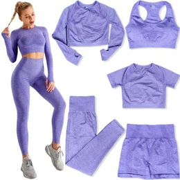 Yoga Outfit Fitness Big Buttocks 5 Piece Suits Women Breathable Slim Waist Seamless Leggings Sexy Stretch Sportswear Gym Set