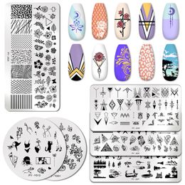 leaf stencil UK - PICT You Nail Stamping Plates Flower Leaf Geometry Nail Art Image Plate Stainless Steel Stamp Plate DIY Stencil Nail Design