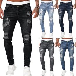 Jeans da uomo Pantaloni strappati con foro skinny Pantaloni elasticizzati in denim slim Pantaloni da jogging casual da uomo di grandi dimensioni Hip Hop nero blu 211120