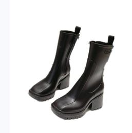 Fashion Trendy PVC Ladies Short Boots Low Heel Square Toe Side Zipper White Khaki Black
