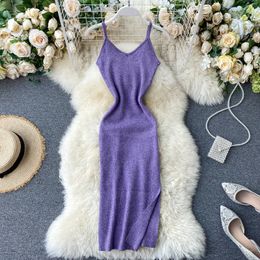 Women Summer Dress Sleeveless V-neck Skinny Halter Dresses Office Lady Side Split Elastic Knitted Bodycon Sexy Vestidos 2020 New Y0118